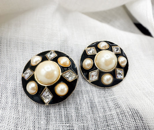 Vintage Black Enamel Faux Pearl Clip On Earrings